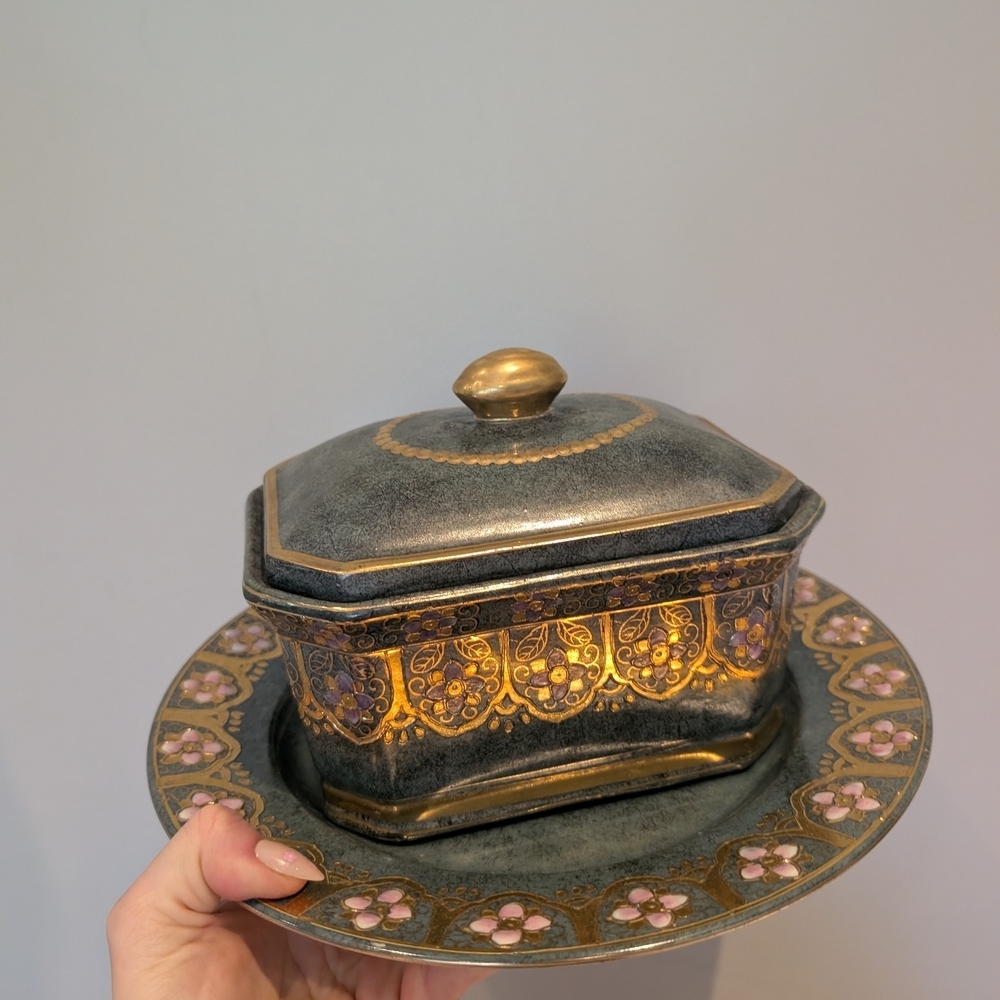 Vintage Gold and Gray Decorative Box with Plate